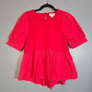 Maeve Anthropologie Red Mixed Media Puff Sleeve Babydoll Peplum Top Size Small